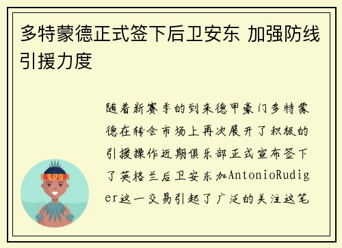多特蒙德正式签下后卫安东 加强防线引援力度 多特蒙德正式签下后卫安东 加强防线引援力度